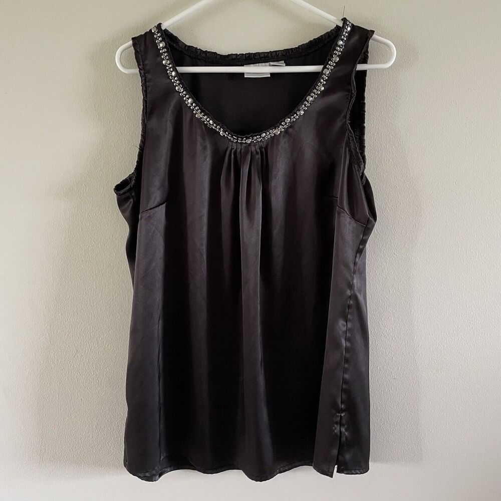 Chico's Satin Tank Top Size Large 2 Black Silver‎ Sequins Sleeveless Shell